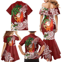 Polynesian Family Matching Mermaid Dress and Hawaiian Shirt Tropical Santa - Plumeria Red Vintage