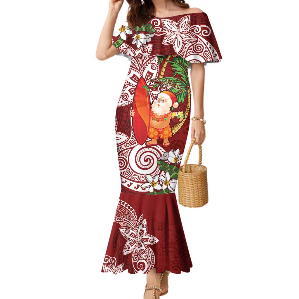 Polynesian Family Matching Mermaid Dress and Hawaiian Shirt Tropical Santa - Plumeria Red Vintage