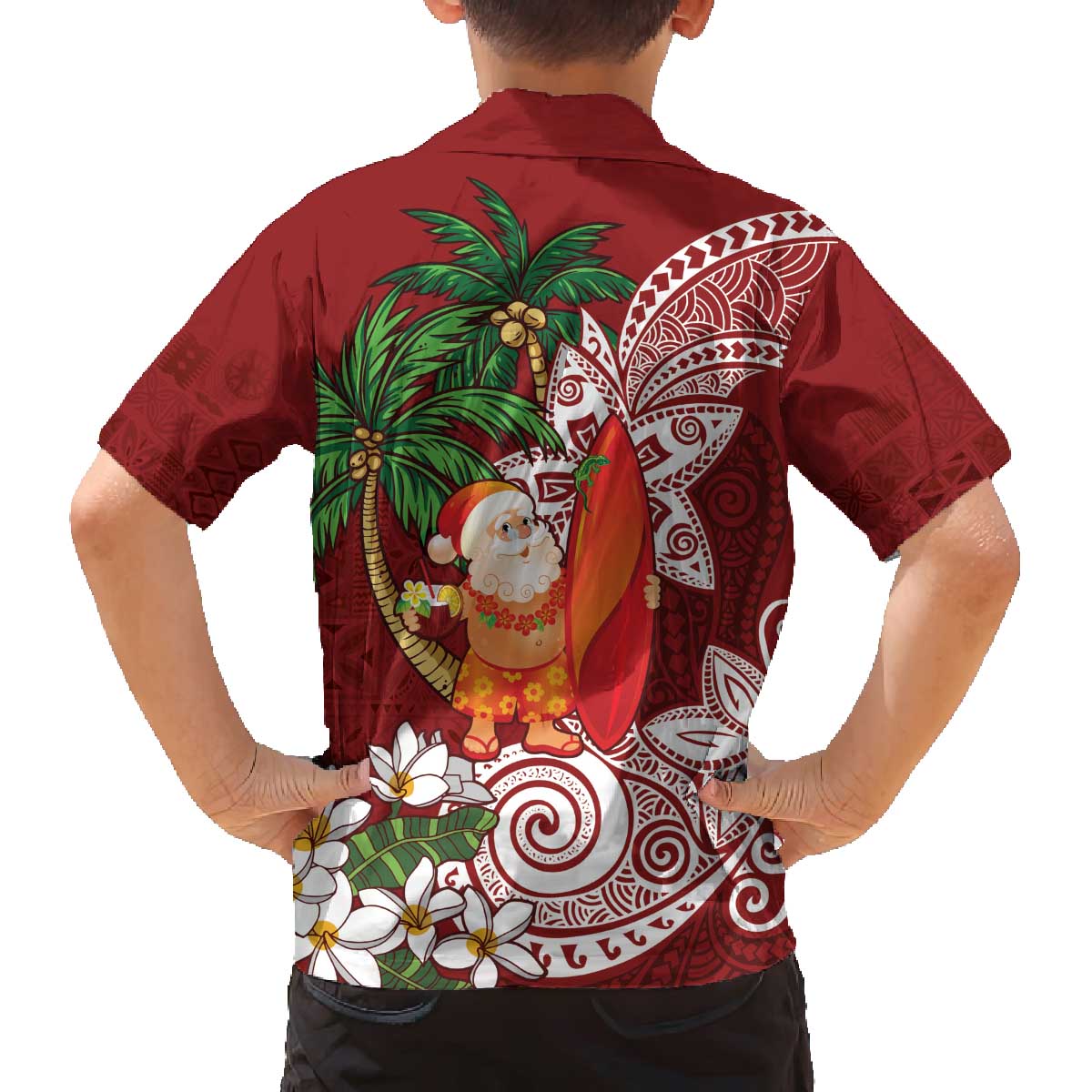 Polynesian Family Matching Off The Shoulder Long Sleeve Dress and Hawaiian Shirt Tropical Santa - Plumeria Red Vintage LT7 - Polynesian Pride