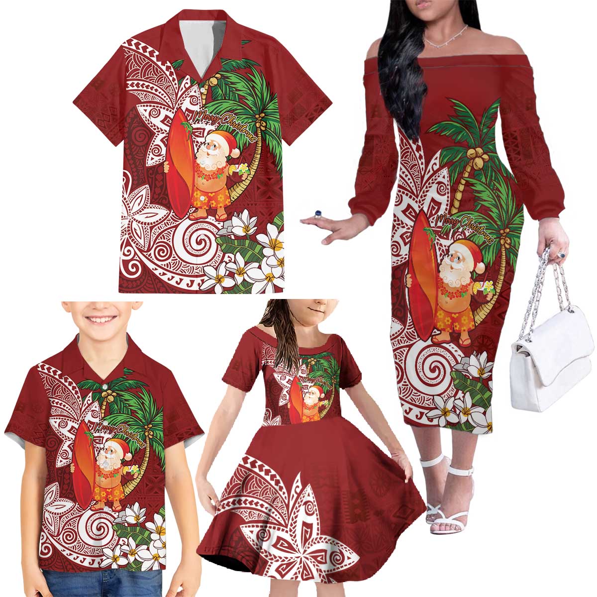 Polynesian Family Matching Off The Shoulder Long Sleeve Dress and Hawaiian Shirt Tropical Santa - Plumeria Red Vintage LT7 - Polynesian Pride