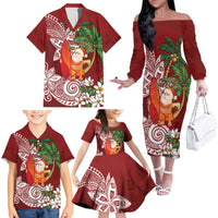 Polynesian Family Matching Off The Shoulder Long Sleeve Dress and Hawaiian Shirt Tropical Santa - Plumeria Red Vintage LT7 - Polynesian Pride