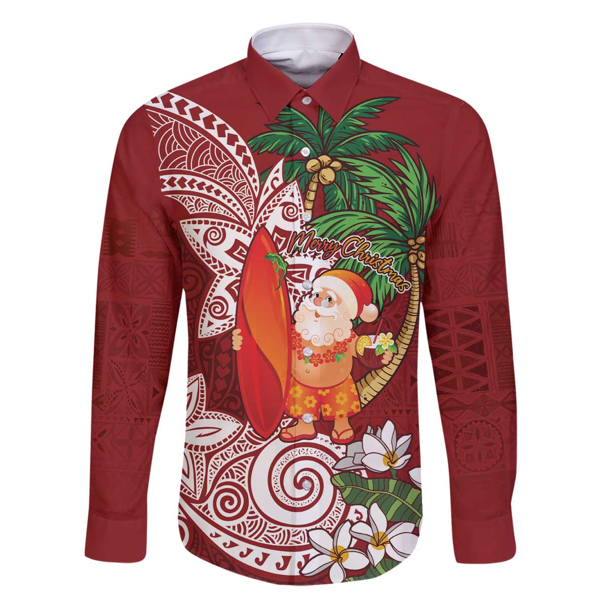 Polynesian Family Matching Off The Shoulder Long Sleeve Dress and Hawaiian Shirt Tropical Santa - Plumeria Red Vintage LT7 Dad's Shirt - Long Sleeve Red - Polynesian Pride