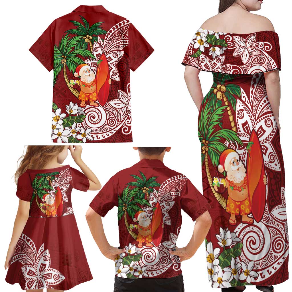 Polynesian Family Matching Off Shoulder Maxi Dress and Hawaiian Shirt Tropical Santa - Plumeria Red Vintage