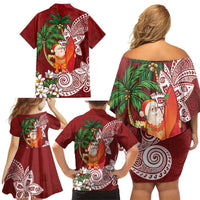 Polynesian Family Matching Off Shoulder Short Dress and Hawaiian Shirt Tropical Santa - Plumeria Red Vintage LT7 - Polynesian Pride