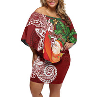 Polynesian Family Matching Off Shoulder Short Dress and Hawaiian Shirt Tropical Santa - Plumeria Red Vintage LT7 Mom's Dress Red - Polynesian Pride
