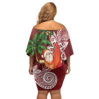 Polynesian Family Matching Off Shoulder Short Dress and Hawaiian Shirt Tropical Santa - Plumeria Red Vintage LT7 - Polynesian Pride