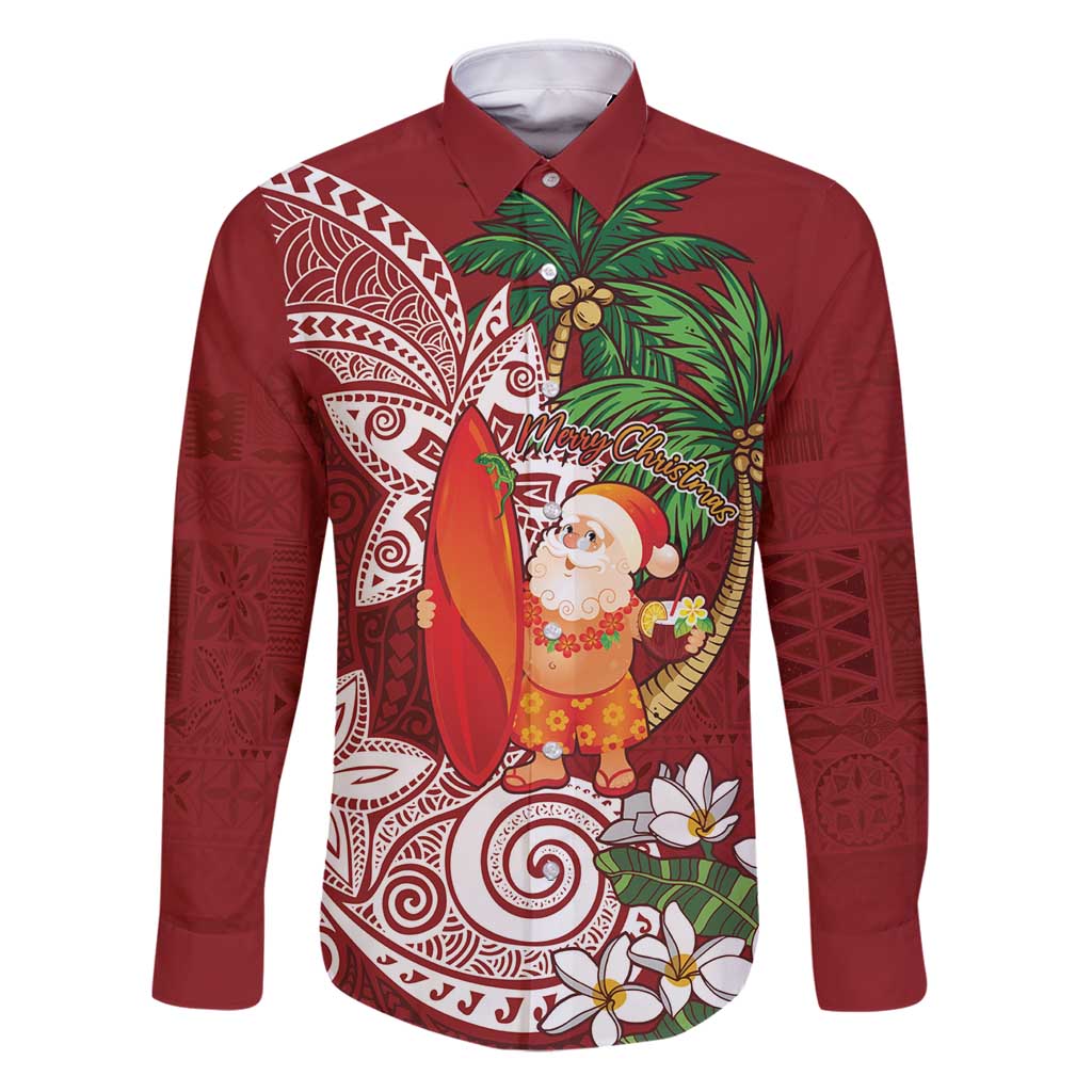 Polynesian Family Matching Puletasi and Hawaiian Shirt Tropical Santa - Plumeria Red Vintage LT7 Dad's Shirt - Long Sleeve Red - Polynesian Pride