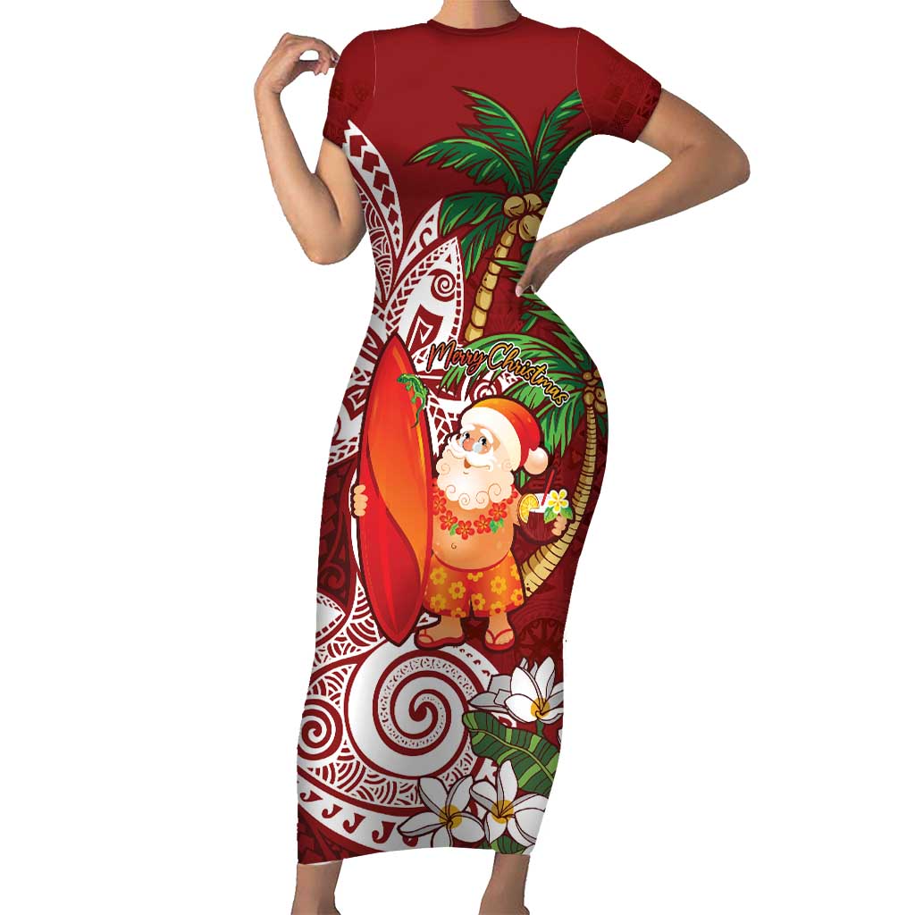 Polynesian Family Matching Short Sleeve Bodycon Dress and Hawaiian Shirt Tropical Santa - Plumeria Red Vintage