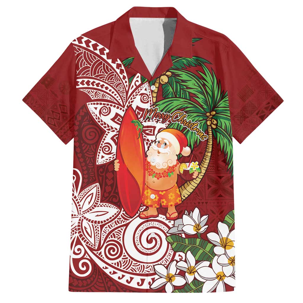 Polynesian Family Matching Tank Maxi Dress and Hawaiian Shirt Tropical Santa - Plumeria Red Vintage LT7 Dad's Shirt - Short Sleeve Red - Polynesian Pride
