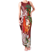 Polynesian Family Matching Tank Maxi Dress and Hawaiian Shirt Tropical Santa - Plumeria Red Vintage LT7 Mom's Dress Red - Polynesian Pride