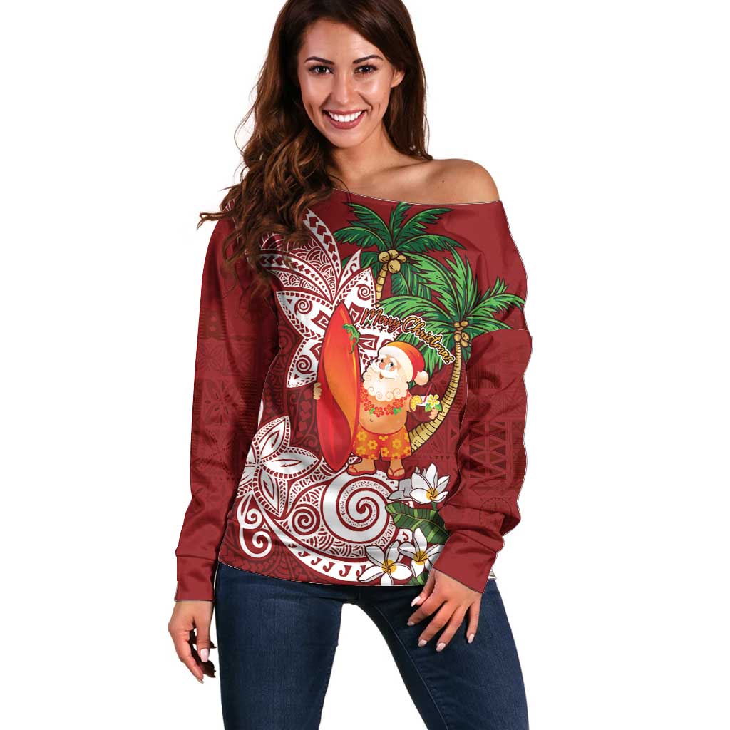 Polynesian Off Shoulder Sweater Tropical Santa - Plumeria Red Vintage LT7 Women Red - Polynesian Pride