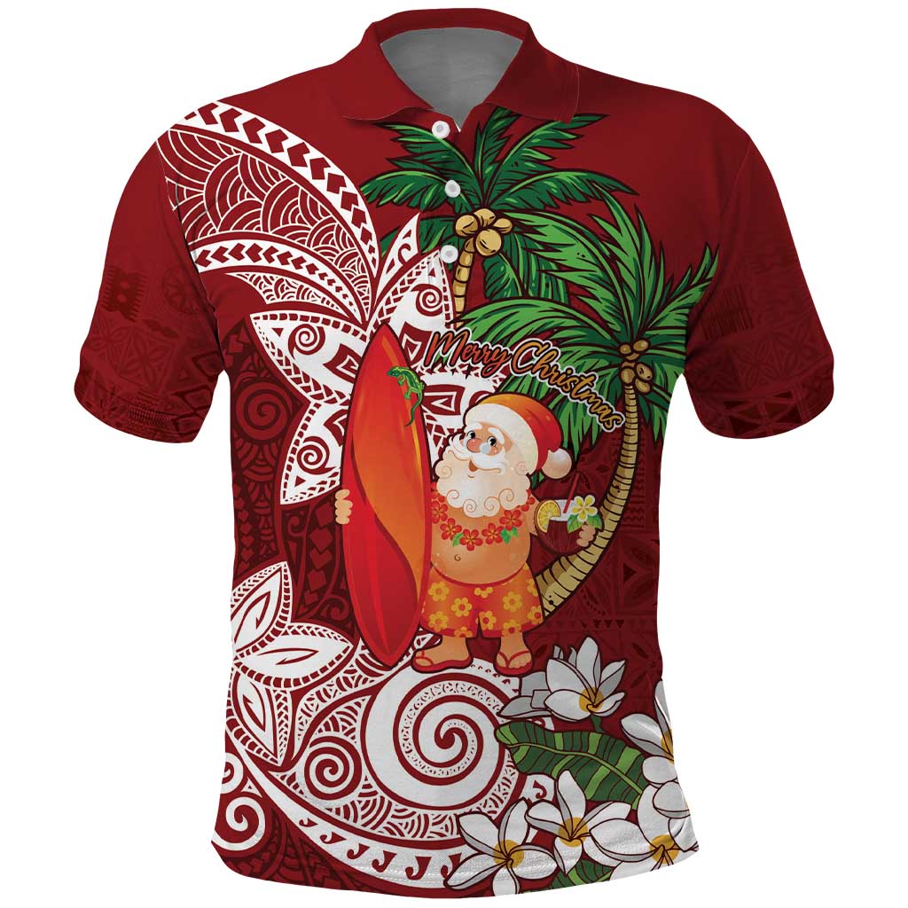 Polynesian Polo Shirt Tropical Santa - Plumeria Red Vintage