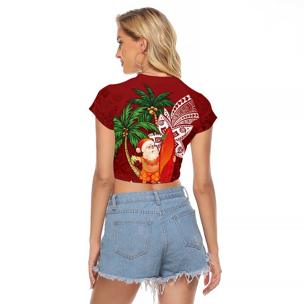 Polynesian Raglan Cropped T Shirt Tropical Santa - Plumeria Red Vintage