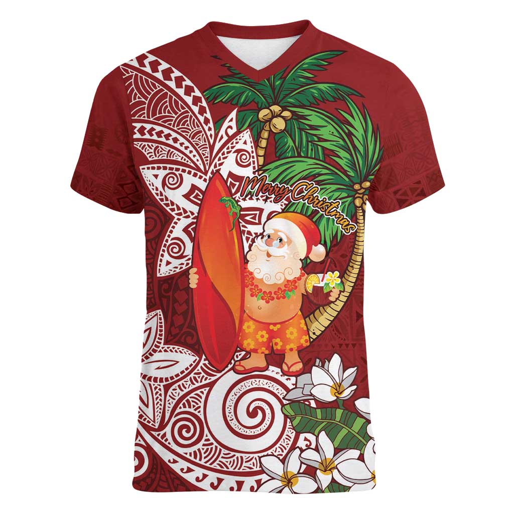 Polynesian Women V-Neck T-Shirt Tropical Santa - Plumeria Red Vintage