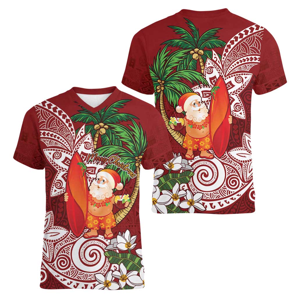 Polynesian Women V-Neck T-Shirt Tropical Santa - Plumeria Red Vintage