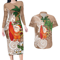 Polynesian Couples Matching Long Sleeve Bodycon Dress and Hawaiian Shirt Tropical Santa - Plumeria Beige Vintage LT7 Beige - Polynesian Pride