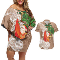 Polynesian Couples Matching Off Shoulder Short Dress and Hawaiian Shirt Tropical Santa - Plumeria Beige Vintage
