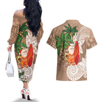 Polynesian Couples Matching Off The Shoulder Long Sleeve Dress and Hawaiian Shirt Tropical Santa - Plumeria Beige Vintage