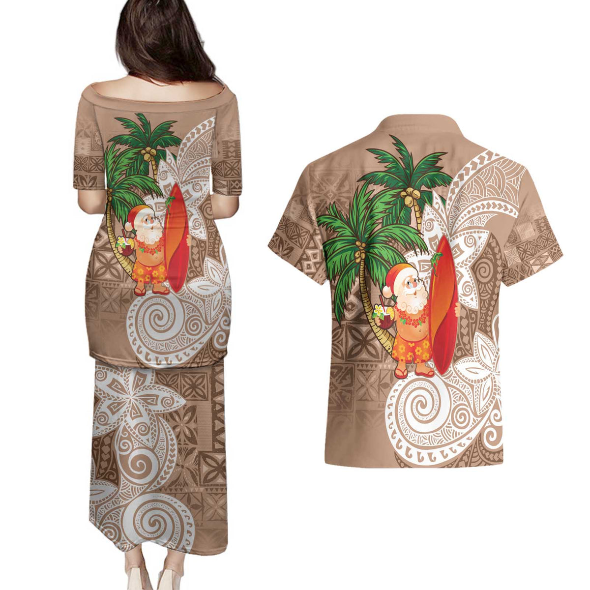 Polynesian Couples Matching Puletasi and Hawaiian Shirt Tropical Santa - Plumeria Beige Vintage