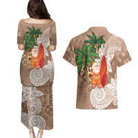 Polynesian Couples Matching Puletasi and Hawaiian Shirt Tropical Santa - Plumeria Beige Vintage
