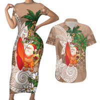 Polynesian Couples Matching Short Sleeve Bodycon Dress and Hawaiian Shirt Tropical Santa - Plumeria Beige Vintage LT7 Beige - Polynesian Pride