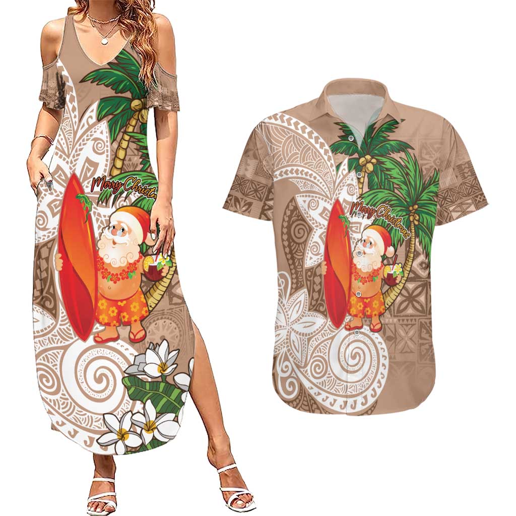 Polynesian Couples Matching Summer Maxi Dress and Hawaiian Shirt Tropical Santa - Plumeria Beige Vintage