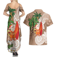 Polynesian Couples Matching Summer Maxi Dress and Hawaiian Shirt Tropical Santa - Plumeria Beige Vintage