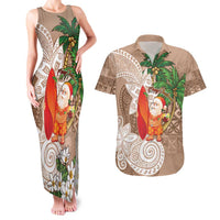 Polynesian Couples Matching Tank Maxi Dress and Hawaiian Shirt Tropical Santa - Plumeria Beige Vintage