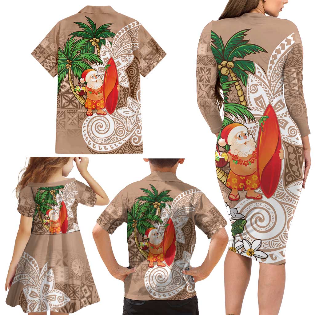Polynesian Family Matching Long Sleeve Bodycon Dress and Hawaiian Shirt Tropical Santa - Plumeria Beige Vintage