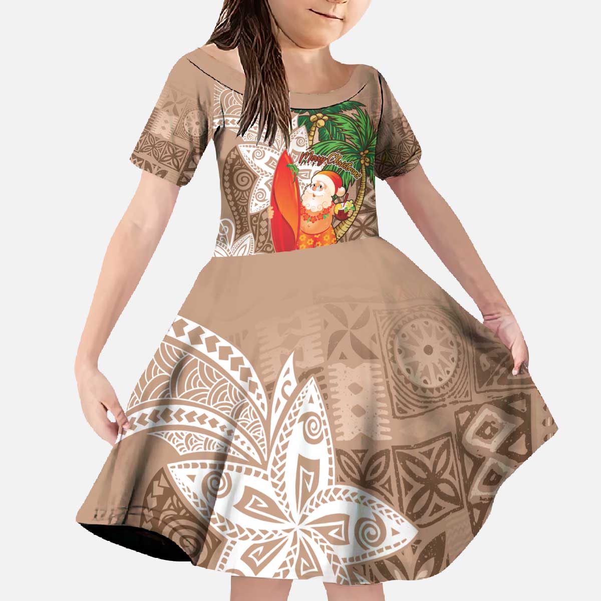 Polynesian Family Matching Off The Shoulder Long Sleeve Dress and Hawaiian Shirt Tropical Santa - Plumeria Beige Vintage LT7 Daughter's Dress Beige - Polynesian Pride