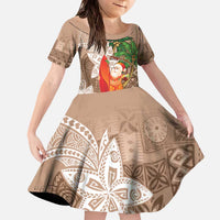 Polynesian Family Matching Off The Shoulder Long Sleeve Dress and Hawaiian Shirt Tropical Santa - Plumeria Beige Vintage LT7 Daughter's Dress Beige - Polynesian Pride