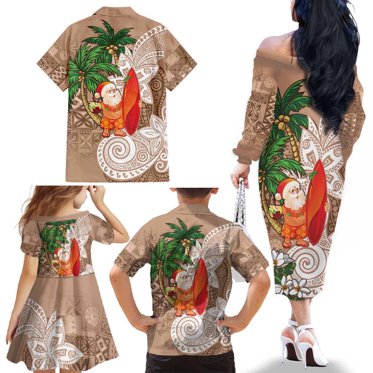 Polynesian Family Matching Off The Shoulder Long Sleeve Dress and Hawaiian Shirt Tropical Santa - Plumeria Beige Vintage LT7 - Polynesian Pride