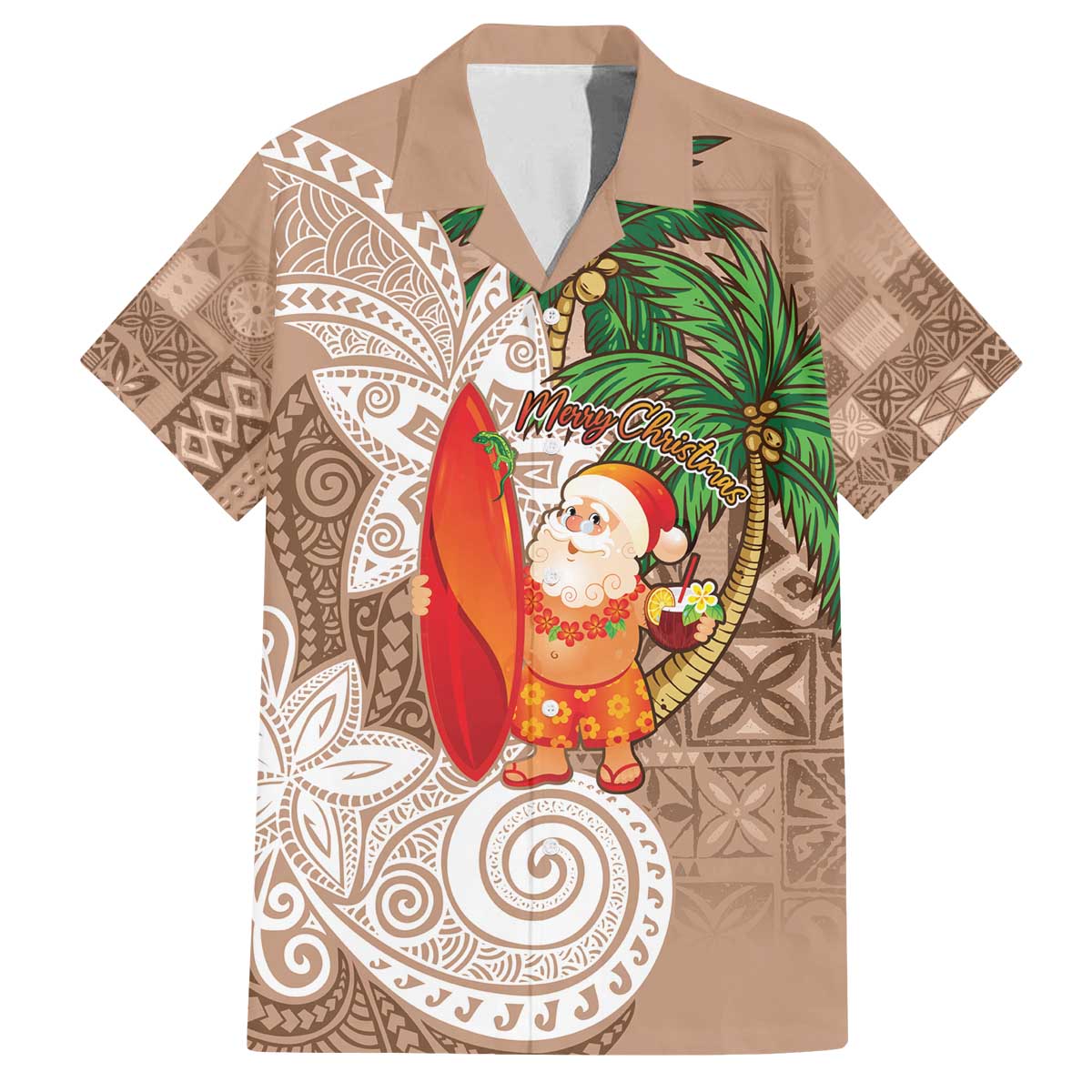 Polynesian Family Matching Off The Shoulder Long Sleeve Dress and Hawaiian Shirt Tropical Santa - Plumeria Beige Vintage LT7 Dad's Shirt - Short Sleeve Beige - Polynesian Pride