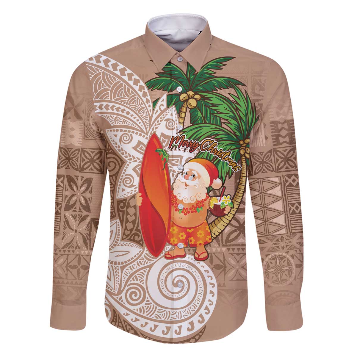 Polynesian Family Matching Off The Shoulder Long Sleeve Dress and Hawaiian Shirt Tropical Santa - Plumeria Beige Vintage LT7 Dad's Shirt - Long Sleeve Beige - Polynesian Pride
