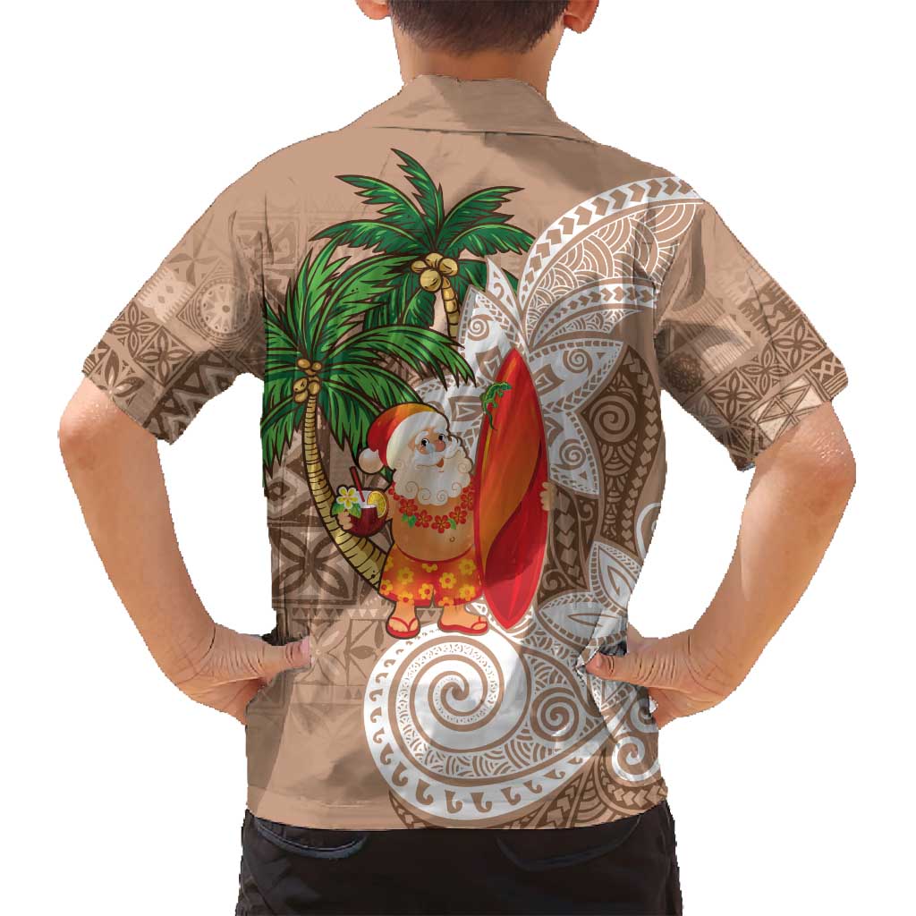 Polynesian Family Matching Off Shoulder Short Dress and Hawaiian Shirt Tropical Santa - Plumeria Beige Vintage LT7 - Polynesian Pride