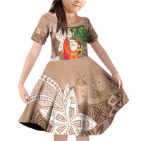 Polynesian Family Matching Off Shoulder Short Dress and Hawaiian Shirt Tropical Santa - Plumeria Beige Vintage LT7 Daughter's Dress Beige - Polynesian Pride