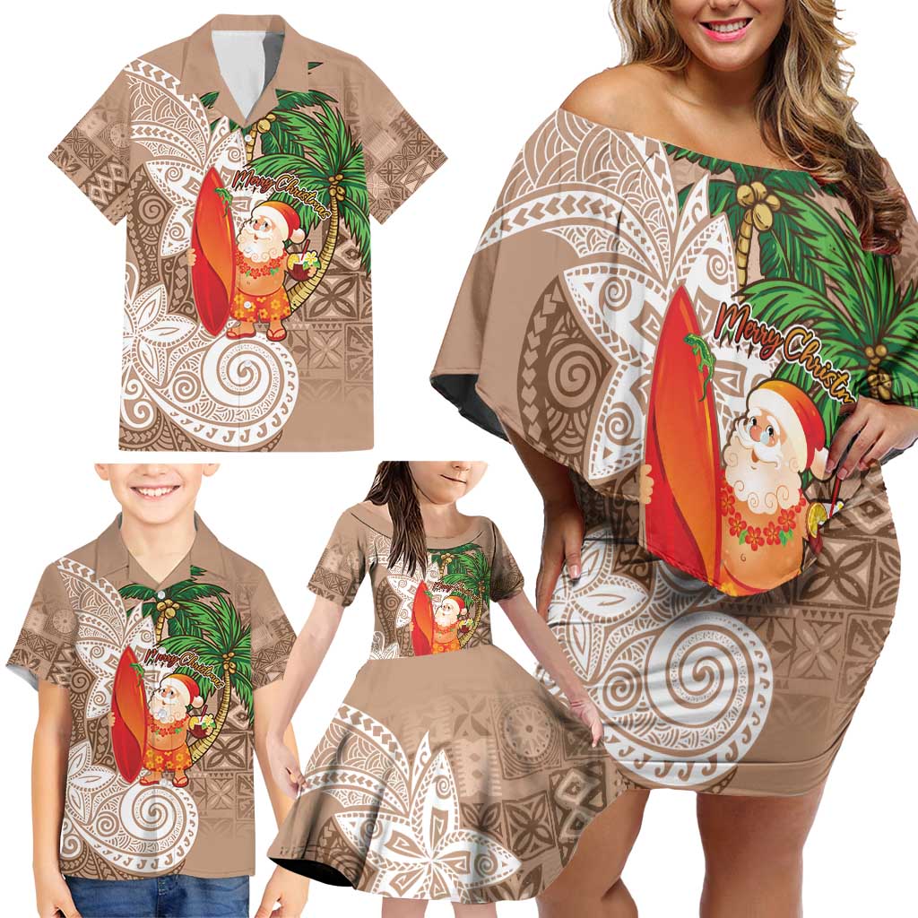 Polynesian Family Matching Off Shoulder Short Dress and Hawaiian Shirt Tropical Santa - Plumeria Beige Vintage LT7 - Polynesian Pride