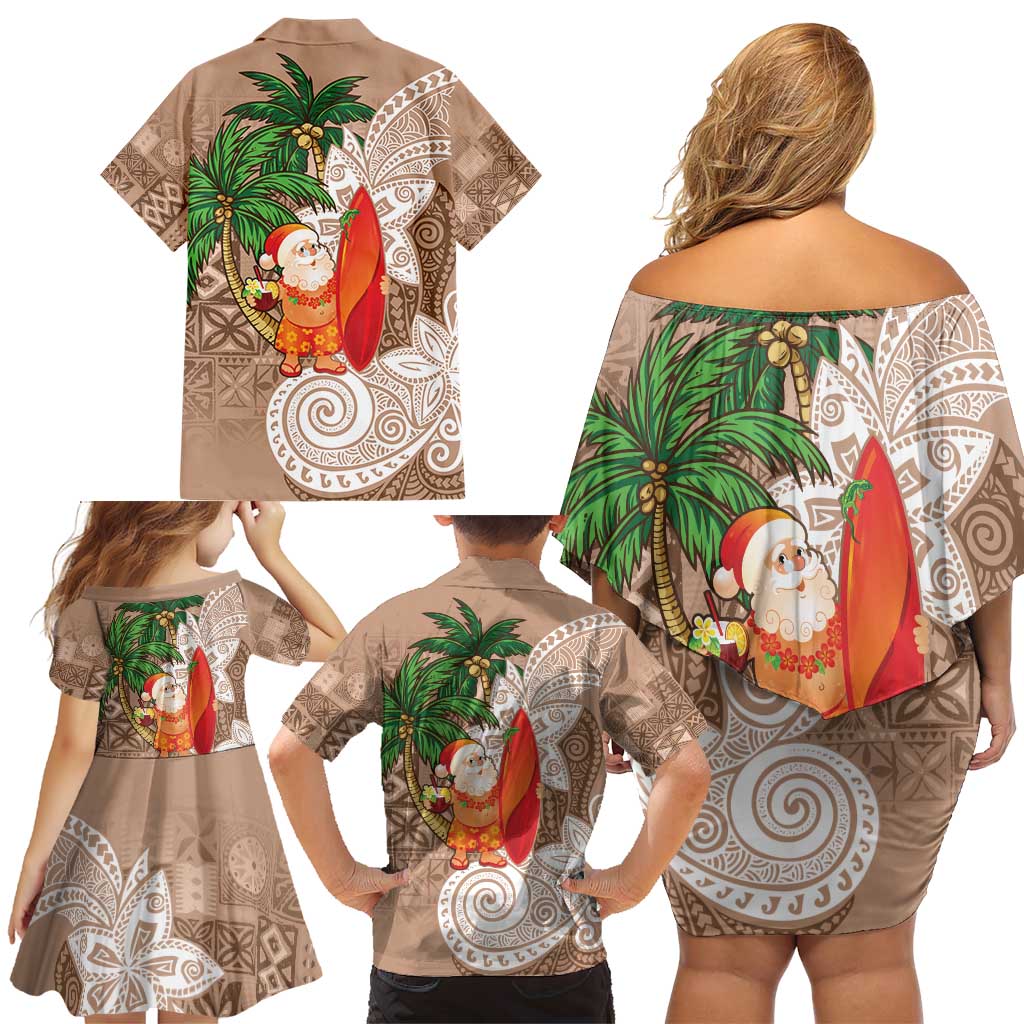 Polynesian Family Matching Off Shoulder Short Dress and Hawaiian Shirt Tropical Santa - Plumeria Beige Vintage LT7 - Polynesian Pride