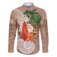 Polynesian Family Matching Puletasi and Hawaiian Shirt Tropical Santa - Plumeria Beige Vintage LT7 Dad's Shirt - Long Sleeve Beige - Polynesian Pride
