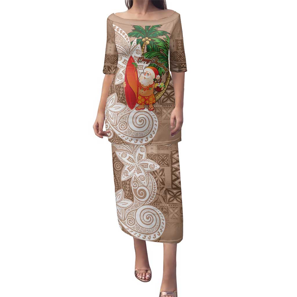 Polynesian Family Matching Puletasi and Hawaiian Shirt Tropical Santa - Plumeria Beige Vintage LT7 Mom's Dress Beige - Polynesian Pride