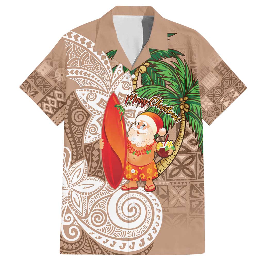Polynesian Family Matching Tank Maxi Dress and Hawaiian Shirt Tropical Santa - Plumeria Beige Vintage LT7 Dad's Shirt - Short Sleeve Beige - Polynesian Pride