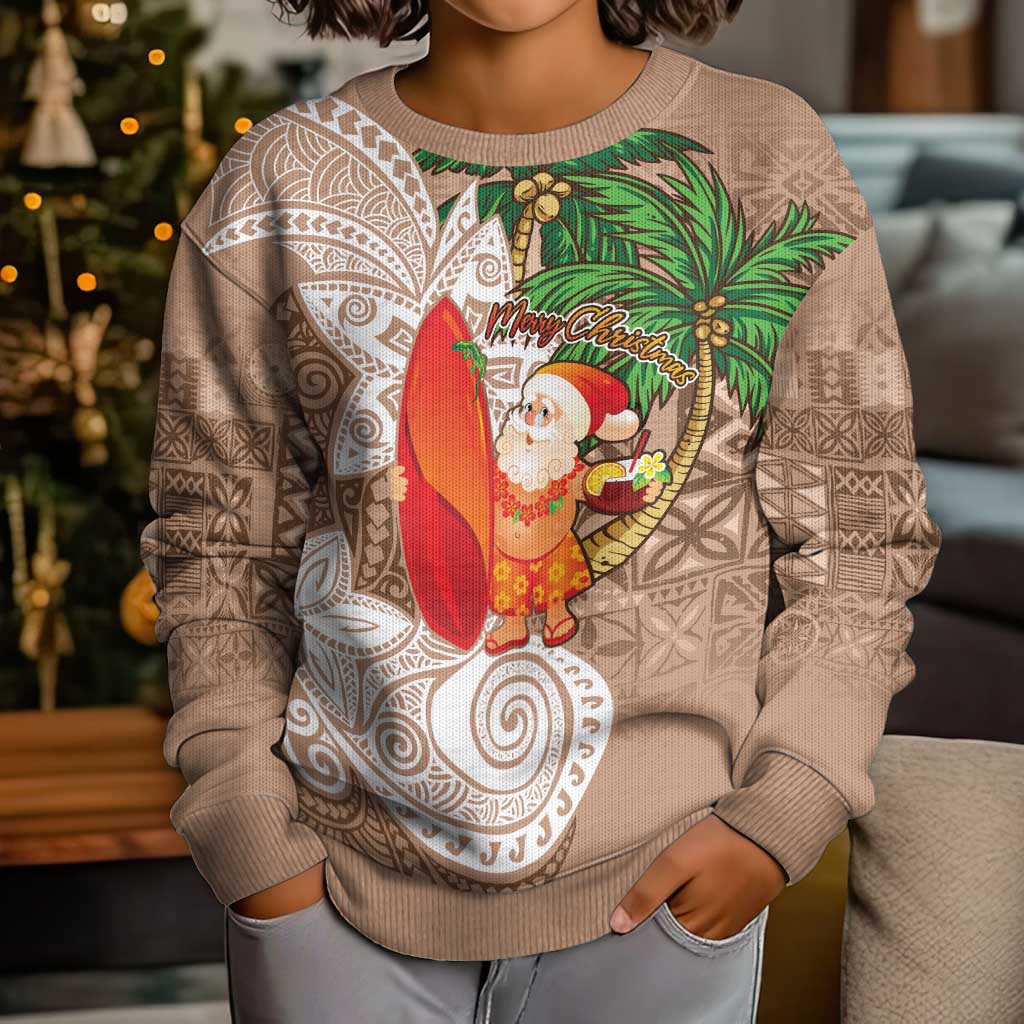 Polynesian Kid Ugly Christmas Sweater Tropical Santa - Plumeria Beige Vintage LT7 - Polynesian Pride