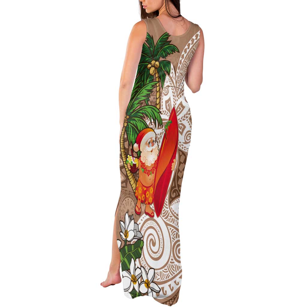 Polynesian Tank Maxi Dress Tropical Santa - Plumeria Beige Vintage
