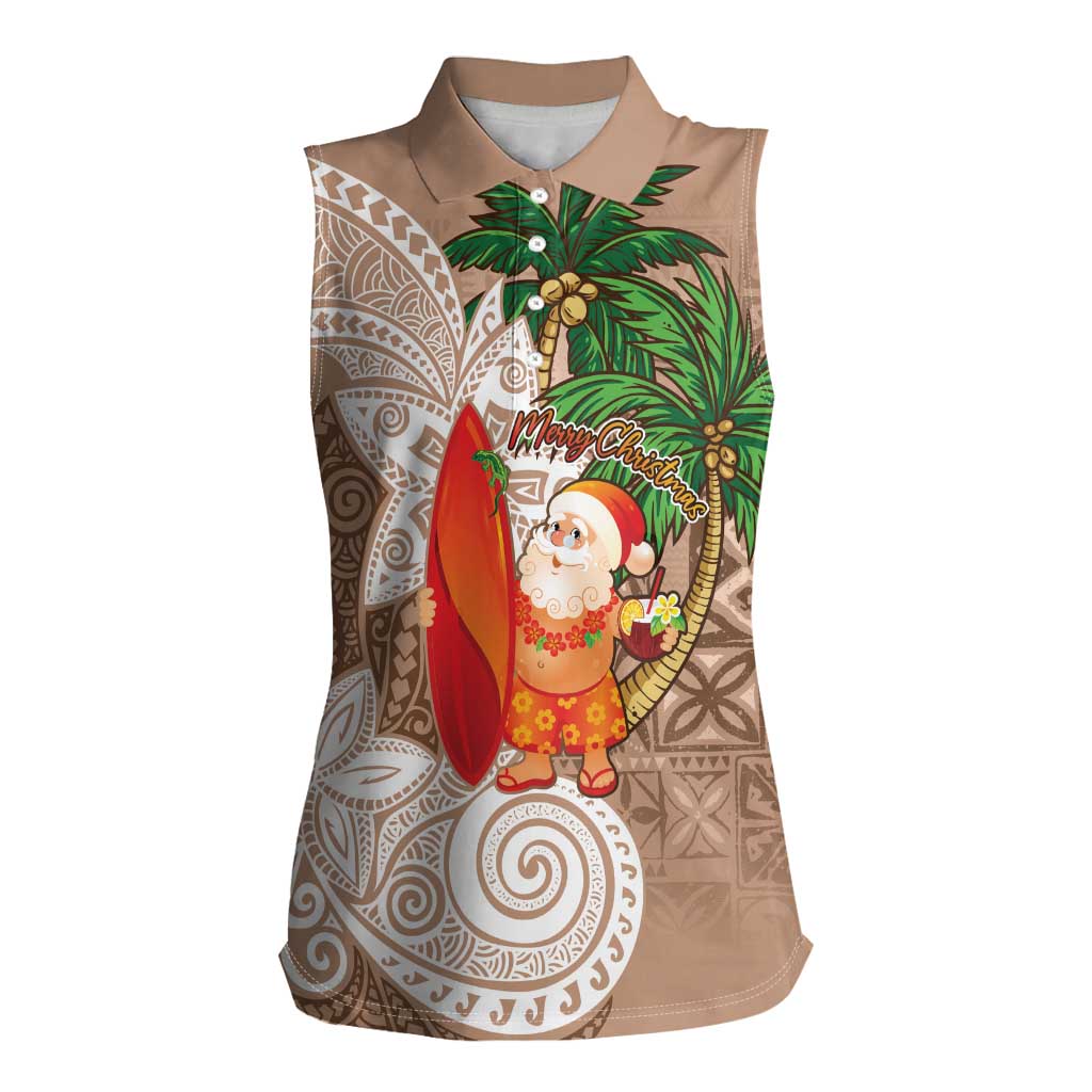 Polynesian Women Sleeveless Polo Shirt Tropical Santa - Plumeria Beige Vintage