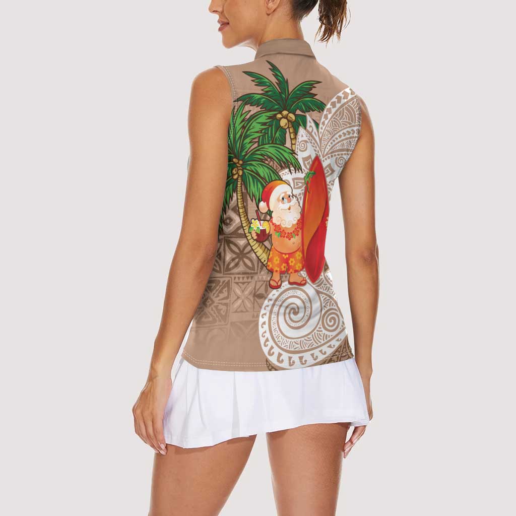 Polynesian Women Sleeveless Polo Shirt Tropical Santa - Plumeria Beige Vintage