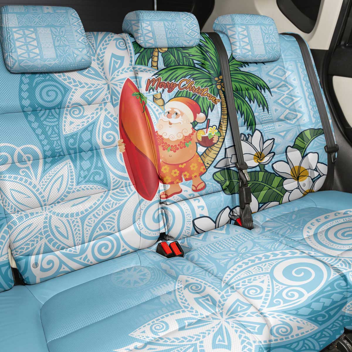 Polynesian Back Car Seat Cover Tropical Santa - Plumeria Turquoise Vintage LT7 - Polynesian Pride