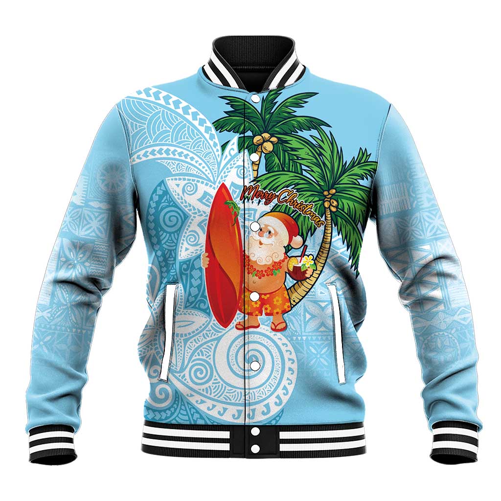 Polynesian Baseball Jacket Tropical Santa - Plumeria Turquoise Vintage