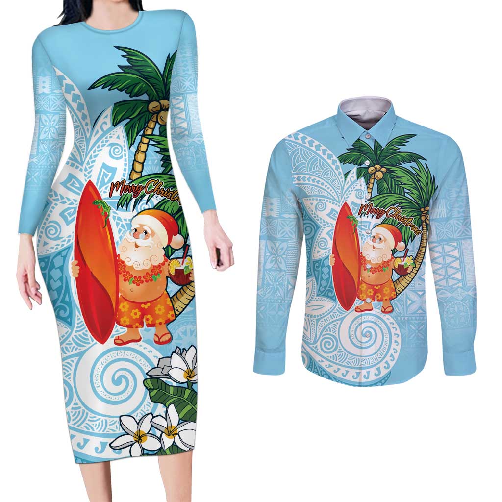 Polynesian Couples Matching Long Sleeve Bodycon Dress and Long Sleeve Button Shirt Tropical Santa - Plumeria Turquoise Vintage LT7 Turquoise - Polynesian Pride