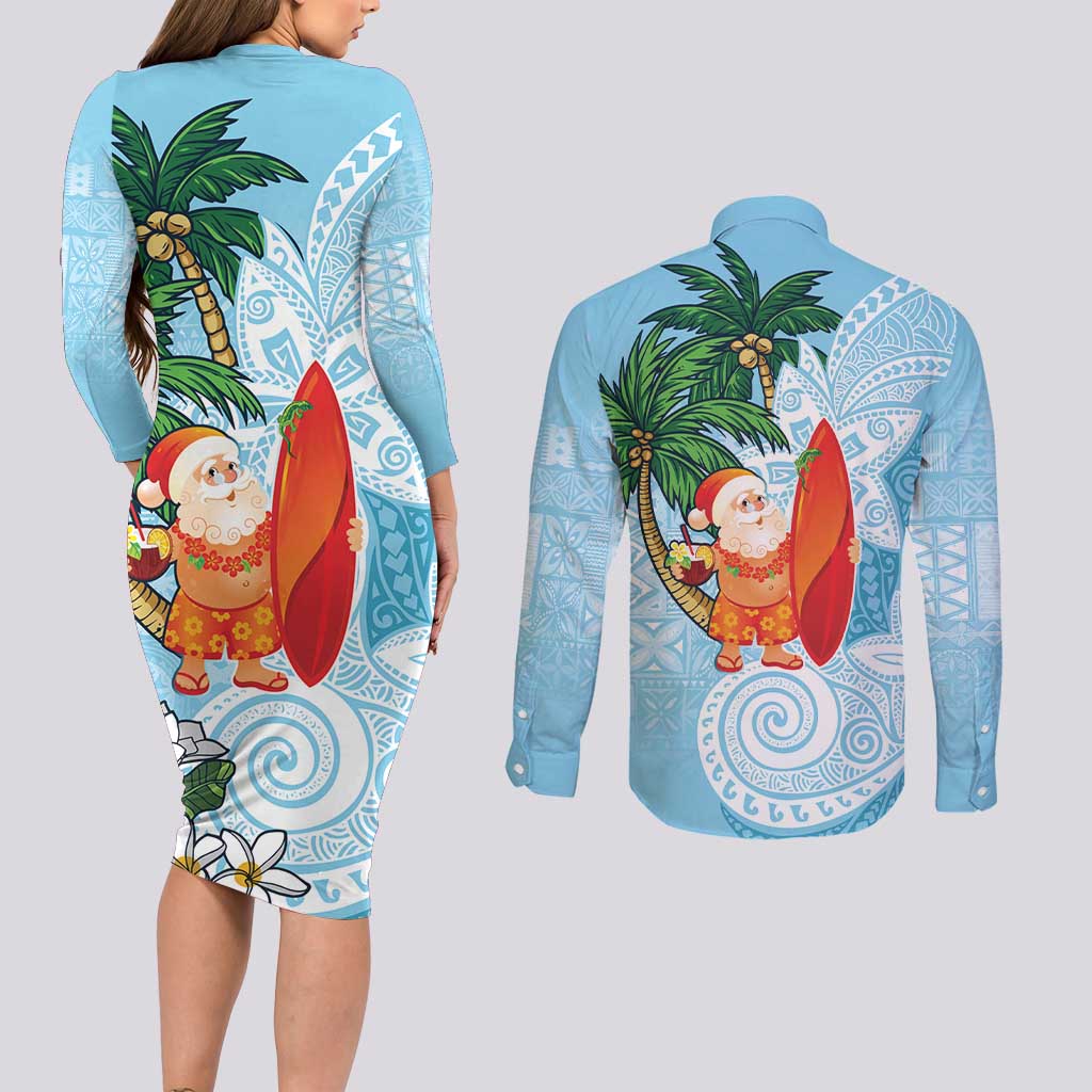 Polynesian Couples Matching Long Sleeve Bodycon Dress and Long Sleeve Button Shirt Tropical Santa - Plumeria Turquoise Vintage LT7 - Polynesian Pride