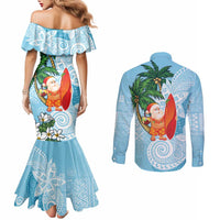 Polynesian Couples Matching Mermaid Dress and Long Sleeve Button Shirt Tropical Santa - Plumeria Turquoise Vintage LT7 - Polynesian Pride